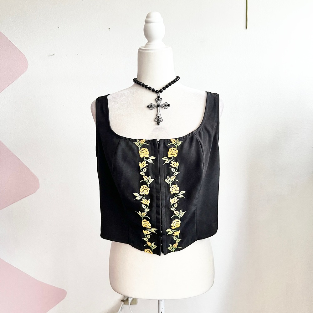 Black Embroidered Floral Bustier Tank Top Corset Romantic Renaissance Medium